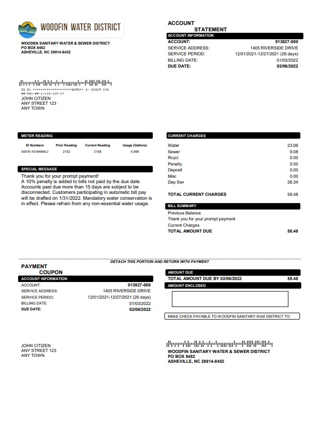 USA North Carolina Woodfin Sanitary Water & Sewer District utility bill template in Word and PDF format